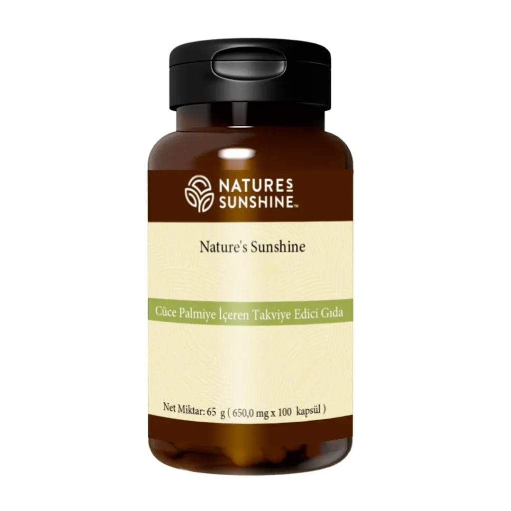 Kapsüllü kavanoz. Cüce palmiye (Saw Palmetto) İçeren Takviye Edici Gıda. Ürün kodu: 630
